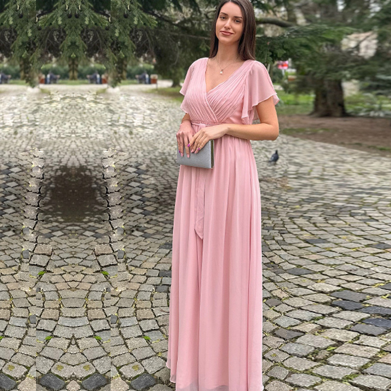 European and American Cross-Border V-Neck Ruffled Short-Sleeve Chiffon Long Gown with High Waist, Pleated Waist, and Large Hem for Wedding Bridesmaids