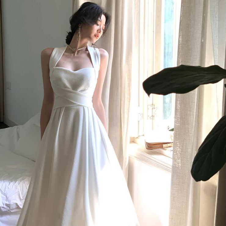 White Cross Strap Sling dress Waist Slimming Women's Summer 2025 New Elegant Gentle Style Long Neck Dress White Cross Strap Sling dress Waist Slimming Women's Summer 2025 New Elegant Gentle Style Long Neck Dress