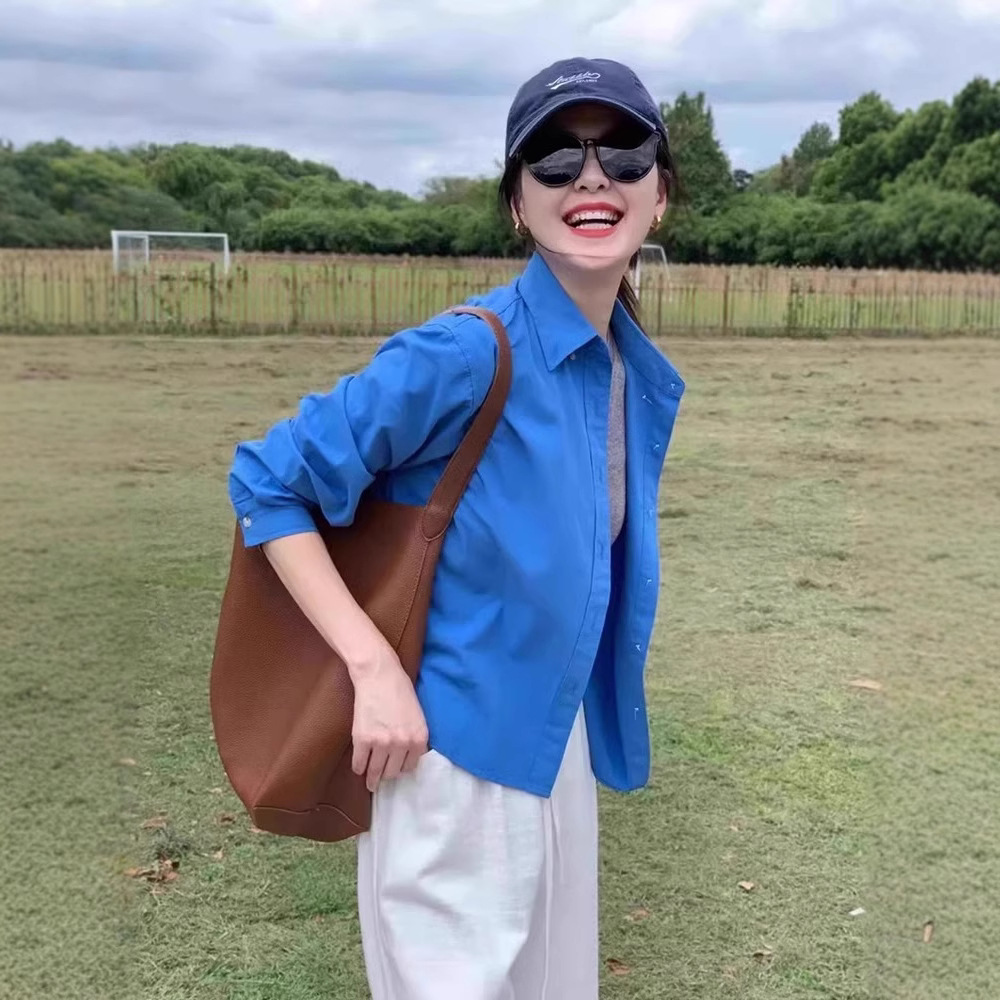 French Niche Versatile Short Shirt for Women Summer New Small Blue Long-Sleeved Shirt Loose Sun Protection Top