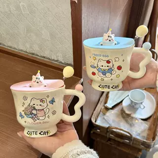 陶瓷杯子带盖带勺子可爱猫咪马克杯女陶瓷水杯家用情侣咖啡早餐杯