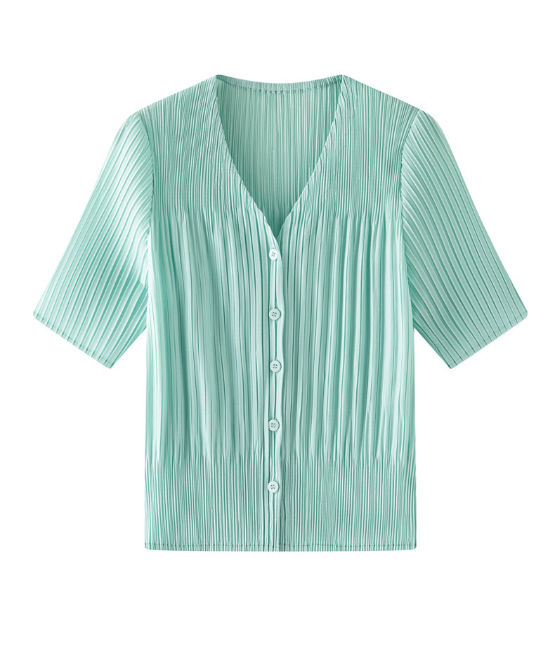 Áo khoác cardigan nữ cổ V tay ngắn xếp ly dáng rộng chống nhăn đi làm — màu be chi tiết 11