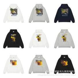 美式高街潮人街头设计Rhude 椰树赛车字母印花卫衣宽松套头帽衬