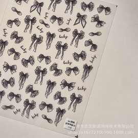 新款手绘纱带蝴蝶结美甲贴纸黑白色暗黑防水ins爆款复古指甲装饰