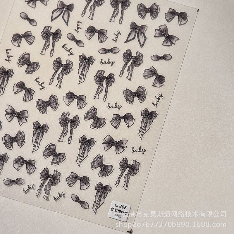 New Hand-Painted Gauze Bow Nail Art Stickers Black and White Dark Waterproof Ins Popular Retro Nail Decoration