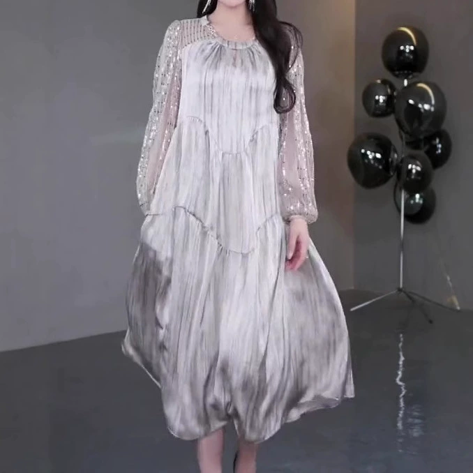 2025 высококлассное легкое роскошное женское платье тяжелая вышивка модная свободная юбка плюс размер толстая мама женская одежда