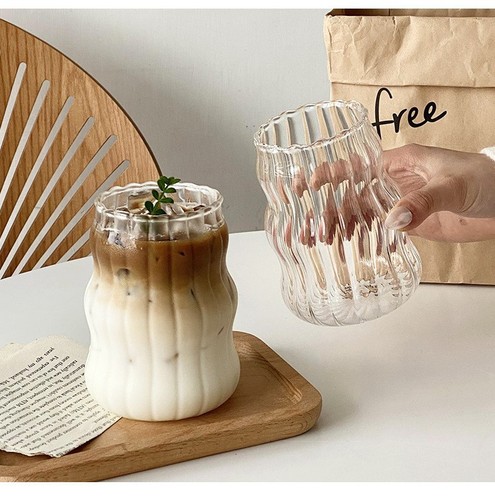 Ins Striped Cup Coffee Glass Cup Borosilicate Juice Cup Vertical Striped Fat Drink Milk Tea Glass Cup