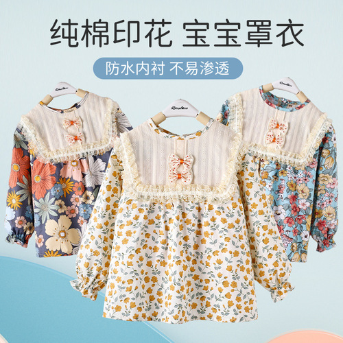 Children's Long-Sleeve Pure Cotton Overalls Direct Sale from Factory, Stylish for Girls, Baby Anti-Stain Protective Clothing, Eating Apron for Infants