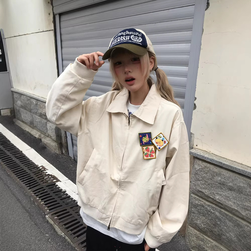 Opup Retro Simple Bomber Work Jacket for Men and Women with Velcro Design Lapel Coat Trendy Brand Top Opup Retro Simple Bomber Work Jacket for Men and Women with Velcro Design Lapel Coat Trendy Brand Top