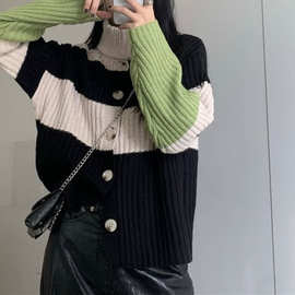 高腰撞色毛衣女秋季新款慵懒风小个子加厚针织开衫宽松上衣外套潮