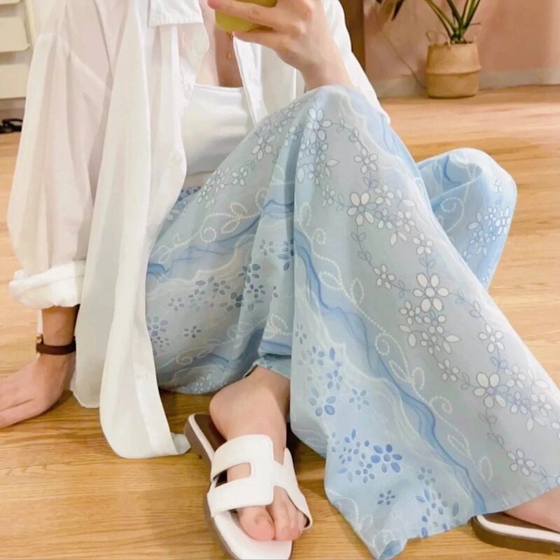 Women's Cotton Silk Nine-Point Wide-Leg Pants for Lounging, Casual Rayon Walking Pants, Soft and Comfortable with a Draping Effect