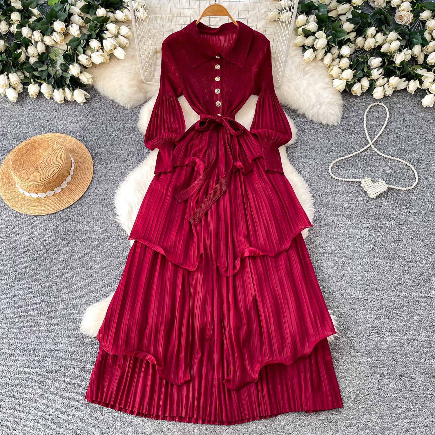 Korean Style Lantern Sleeve Dress, Women's Fitted Waist Tie Ruffle Pleated Cake Skirt, Slimming Long Skirt_ecoleips.com