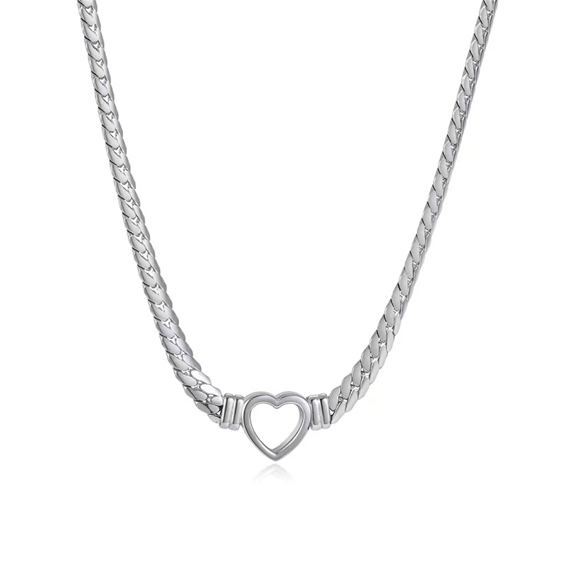 Collar con colgante de corazón de cadena plana hueca de acero de titanio chapado en oro cubano de Lina Girl, nueva tendencia para mujer._voghion.com