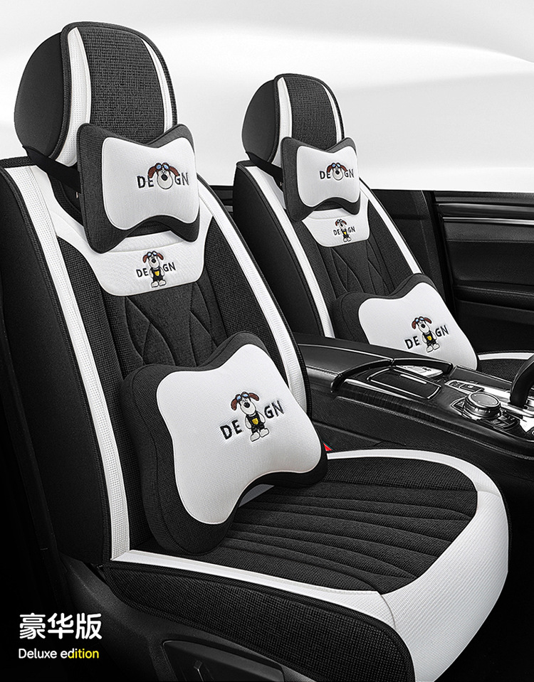 Car Seat Cushion Full Surround, Universal for All Seasons, Cartoon Linen Fabric Car Seat Cover, Special Seat Cover for Small Cars