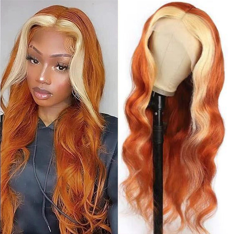 Cross-Border European and American T-Shaped Lace Front Wig Ginger Highlights Orange Synthetic Fiber Wigs European and American Style Exotic Style