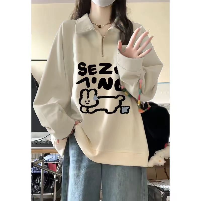 半拉链polo领!!!【韩系学院风】美式复古插肩袖卫衣女INS韩版上衣|undefined