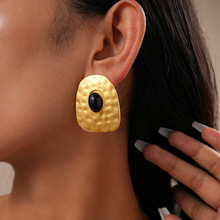 欧美复古金属感树脂椭圆形方形银针耳钉时尚简约小众高级感耳饰女