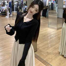 黑色领修身显瘦针织衫女秋季新款性感开叉长袖上衣