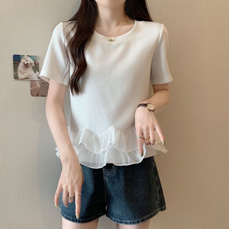 Camiseta de manga corta con costuras con volantes de gran tamaño para mujer 2024 verano nuevo estilo suelto que cubre la carne que es delgada y gorda mm top para mujer ins image 8