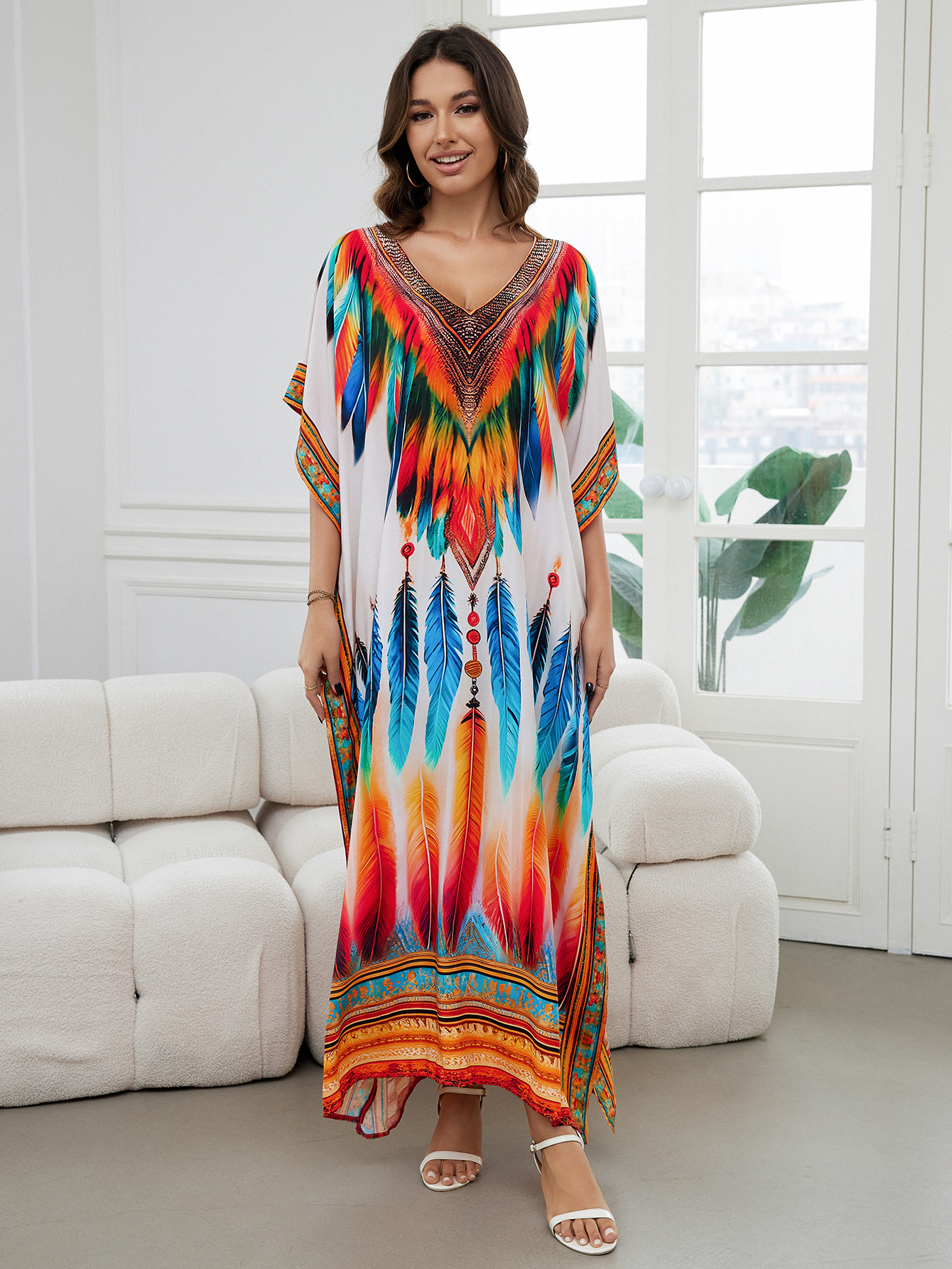 Rochie de plajă lungă kimono dama boho viscoză tie-dye_voghion.com