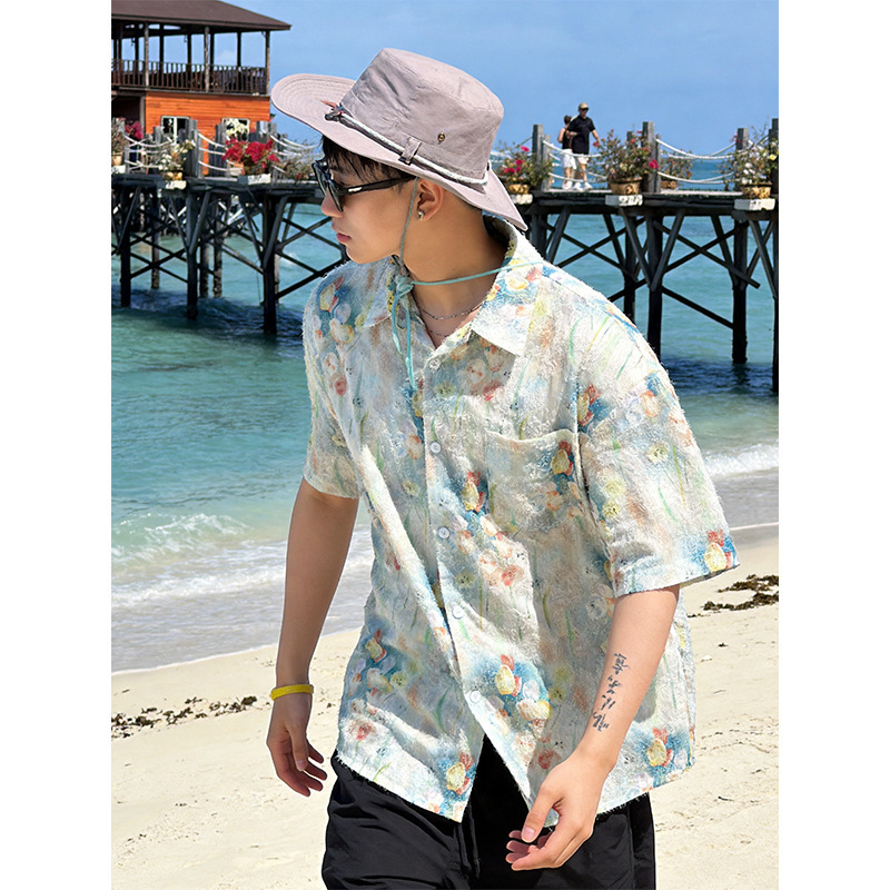 Hawaiian Style Tie-Dye Floral Shirt for Men, Short-Sleeved, Summer Thin Ice Silk Sun-Protective Loose Vacation Niche Beach Shirt Hawaiian Style Tie-Dye Floral Shirt for Men, Short-Sleeved, Summer Thin Ice Silk Sun-Protective Loose Vacation Niche Beach Shirt