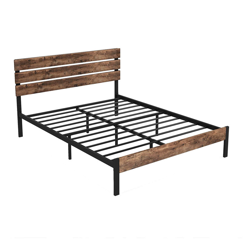 Cross-border Amazon iron frame bed, vintage wooden bed with headboard, simple large iron slat support metal bed frame Cross-border Amazon iron frame bed, vintage wooden bed with headboard, simple large iron slat support metal bed frame