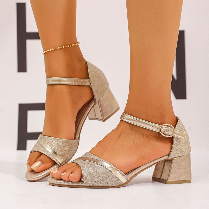 2026 Summer New Style Chunky High-Heeled Gold Open-Toe Sandals for Women, Comfortable and Versatile, Large Size, Wholesale from Foreign Trade Factory