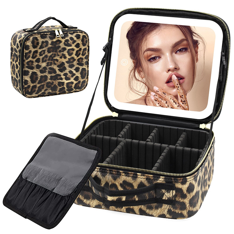 Bolsa de maquillaje de alta calidad con espejo con LED, partición desmontable, bolsa de maquillaje portátil impermeable de almacenamiento de gran capacidad