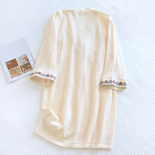 Traditional-style Lace-Up Embroidered Nightgown for Women: Double-Layered Cotton Gauze Bathrobe, Pure Cotton Design—Perfect for Spring and Autumn Home Wear & Sleepwear