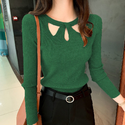 2025 Autumn and Winter New Style Front Chest Hollow-Out Slim-Fit Knit Sweater Women's Long-Sleeve Top Trendy Cross-Border Supply