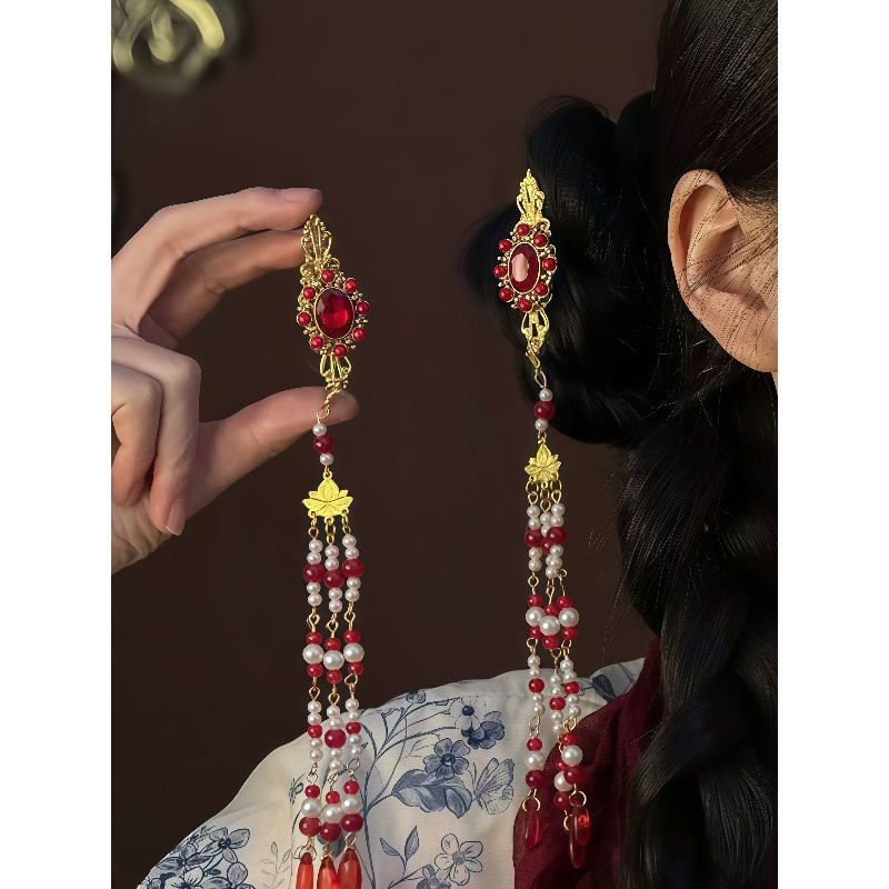 Red Makeup! New Chinese Style National Style Red Gemstone Tassel Hairpin Ethnic Style Design Side Clip Travel Clip