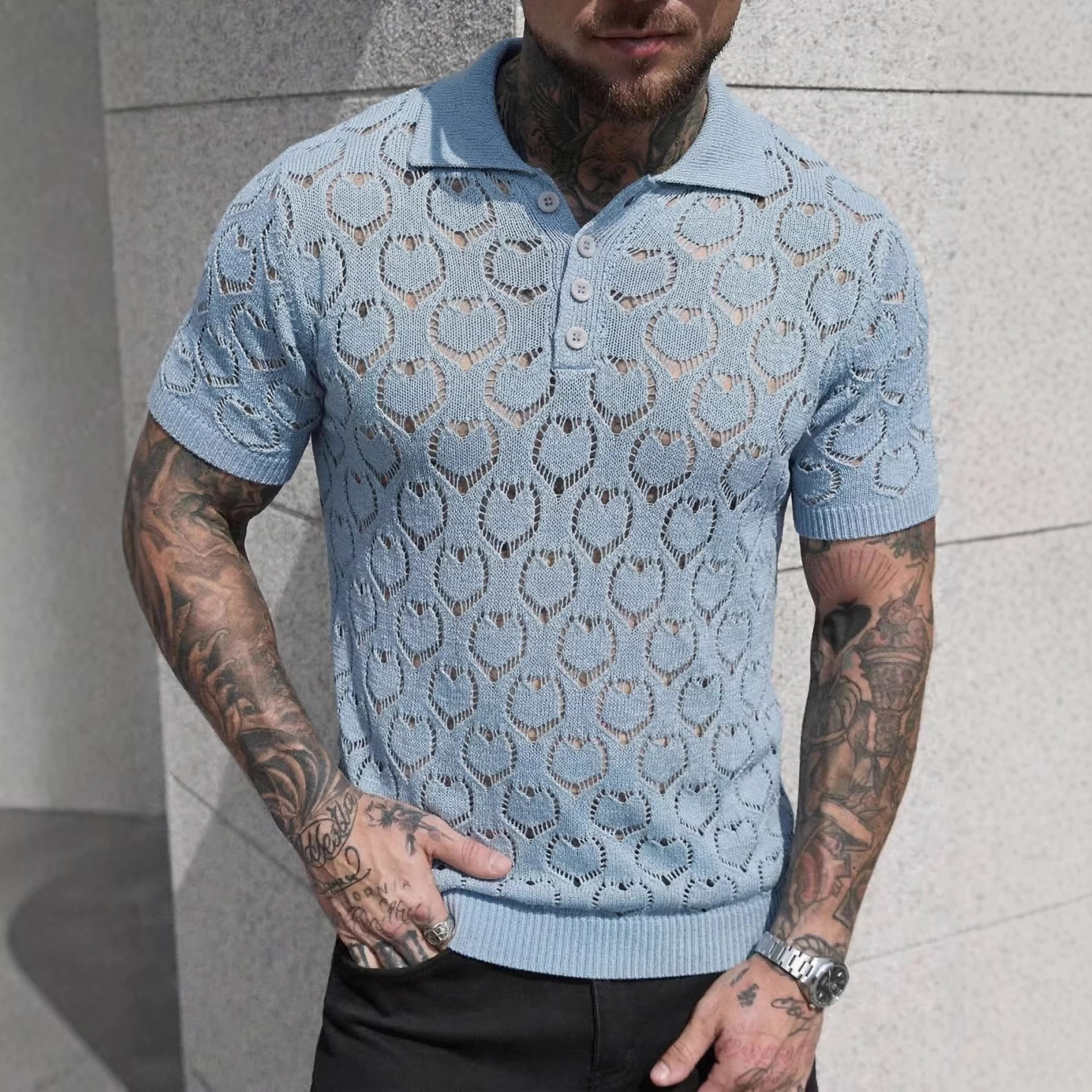 Herren Strick-poloshirt Mit Herzmuster Kurzarm Sommer-oberteil_voghion.com