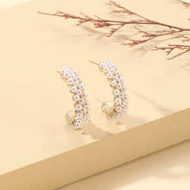 韩版个性设计新潮轻奢风珍珠C形耳环亚马逊热卖简约金属半圆耳环