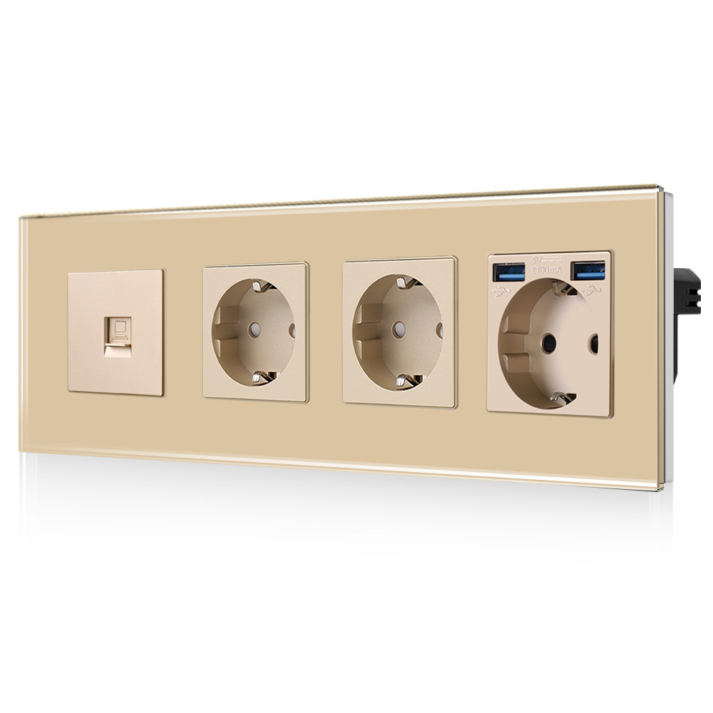 金色三联德插带CAT6/USB功能插口欧式插座德式插座带接地俄罗斯插