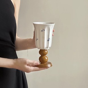 French Retro Floral Asymmetrical Ceramic Cup, Goblet, Coffee Cup, Breakfast Cup, Wooden Leg Vase, Flower Cup