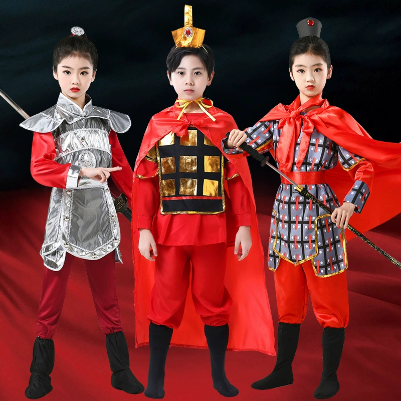 Древние детские солдатские костюмы для мужчин и женщин, доспехи Yuejiajun, костюмы для оперных представлений Мулан, костюмы для общих представлений, Manjianghong.