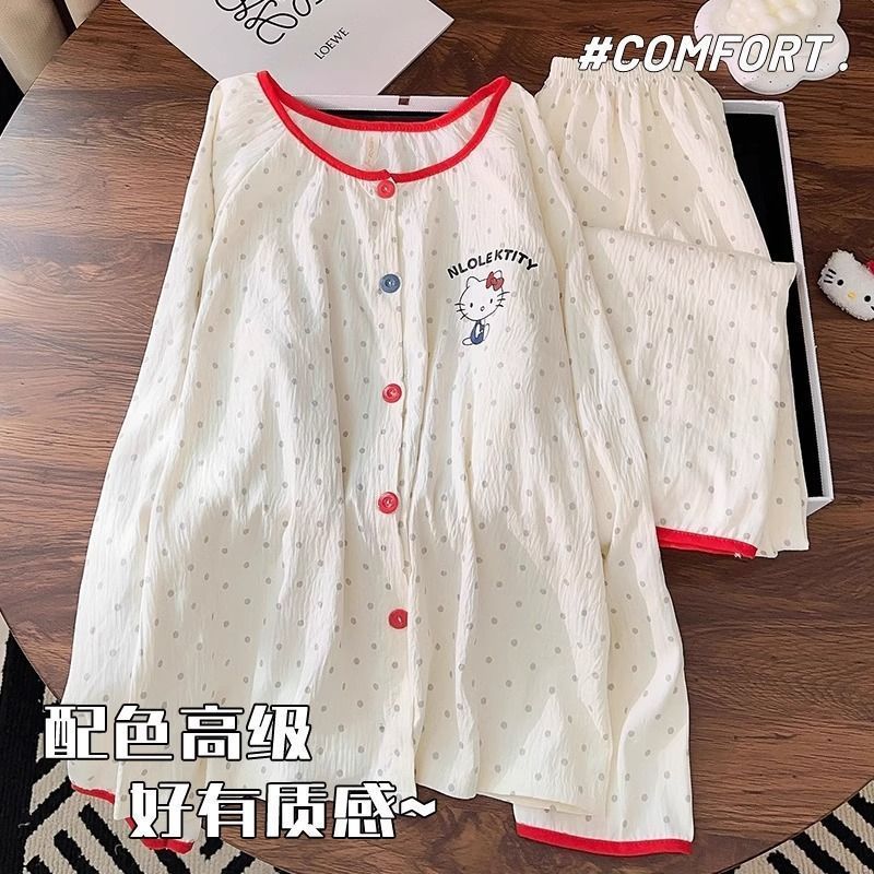 Conjunto de pijama de mujer de manga larga de algodón tejido de nube en nombre de texto cifrado, estilo fino de primavera y verano, ropa de hogar japonesa, ropa exterior linda