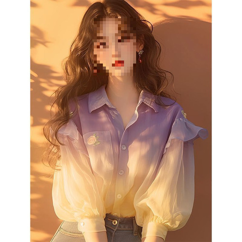Purple chiffon blouse autumn women's fashion small niche unique bubble sleeve gradient color collision Hongguang