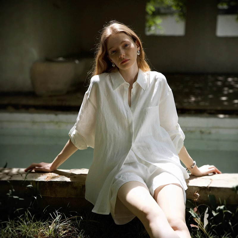 [High-Quality Goods] 100% French Normandy Linen Adjustable Sleeve Tabs Sun-Protective Oversized Shirt + Drawstring Shorts Set