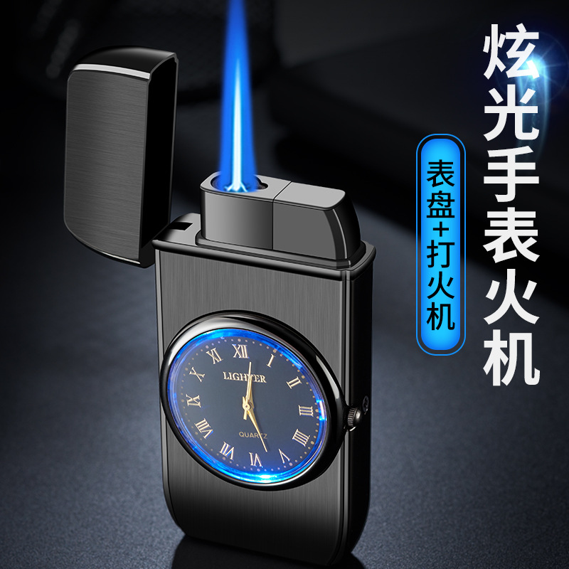 1_607创意充气防风直冲蓝焰手表打火机真表盘能走字带灯带礼盒