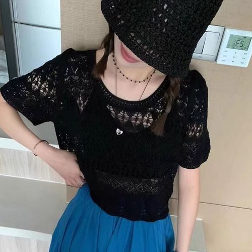 Summer New Arrival Lacehole Thin Short Sleeve Knit Top Women's Quality Elegant Style Loose Casual Trendy French Style Top