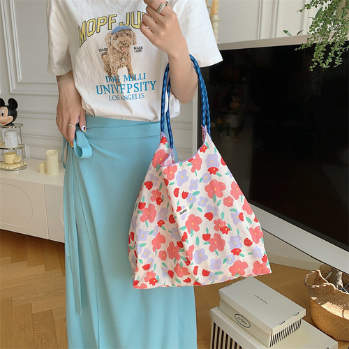 35243 Korean style summer large capacity hand shoulder bag drawstring shopping bag fresh floral tote bag armpit bag