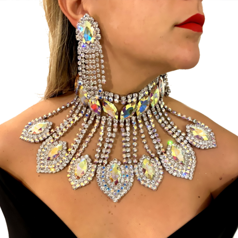 AliExpress caliente rhinestone collar traje personalidad europea y americana exagerada borla pendientes accesorios de la joyería