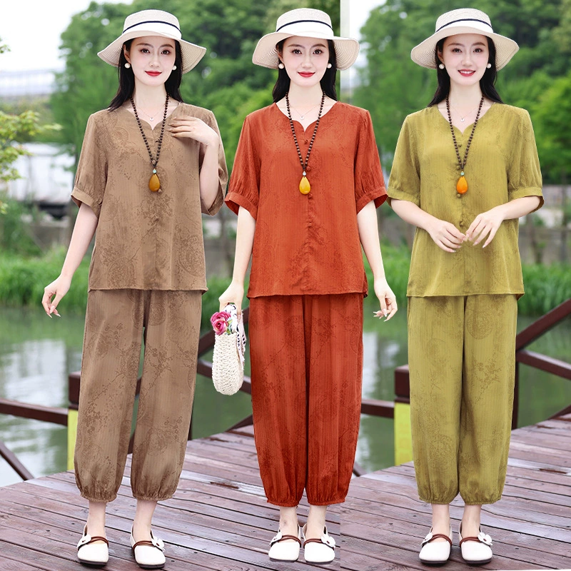 Летний ретро мама повседневный набор новый топ для пожилых людей с короткими рукавами