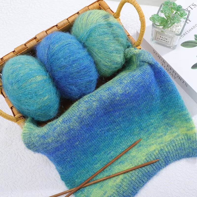 Cross-border wholesale oil painting wind gradient blended mahair 50g hand crocheted knitted hat scarf sweater line