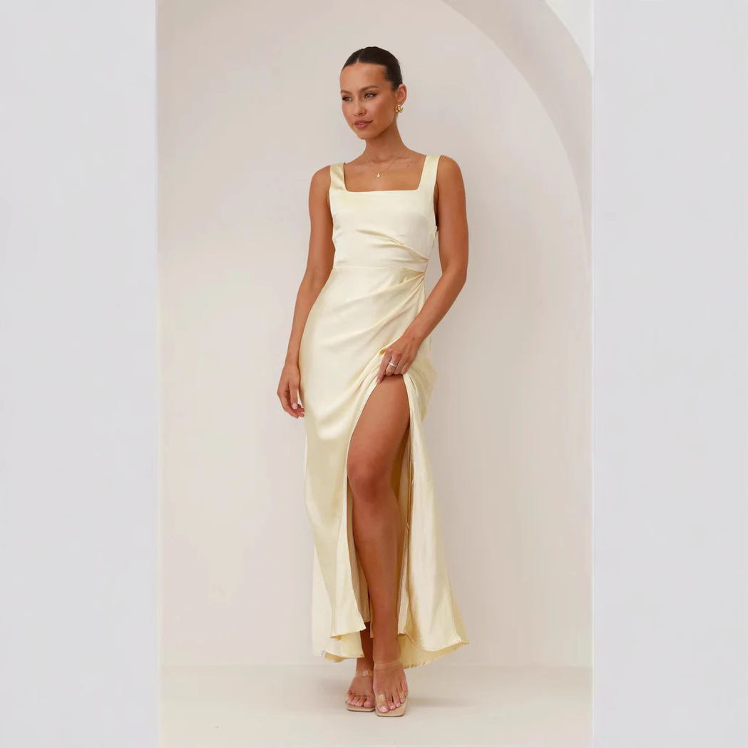 Women's High-Waisted Backless Dress Solid Color Satin Fabric Sexy Gown Available_ecoleips.com