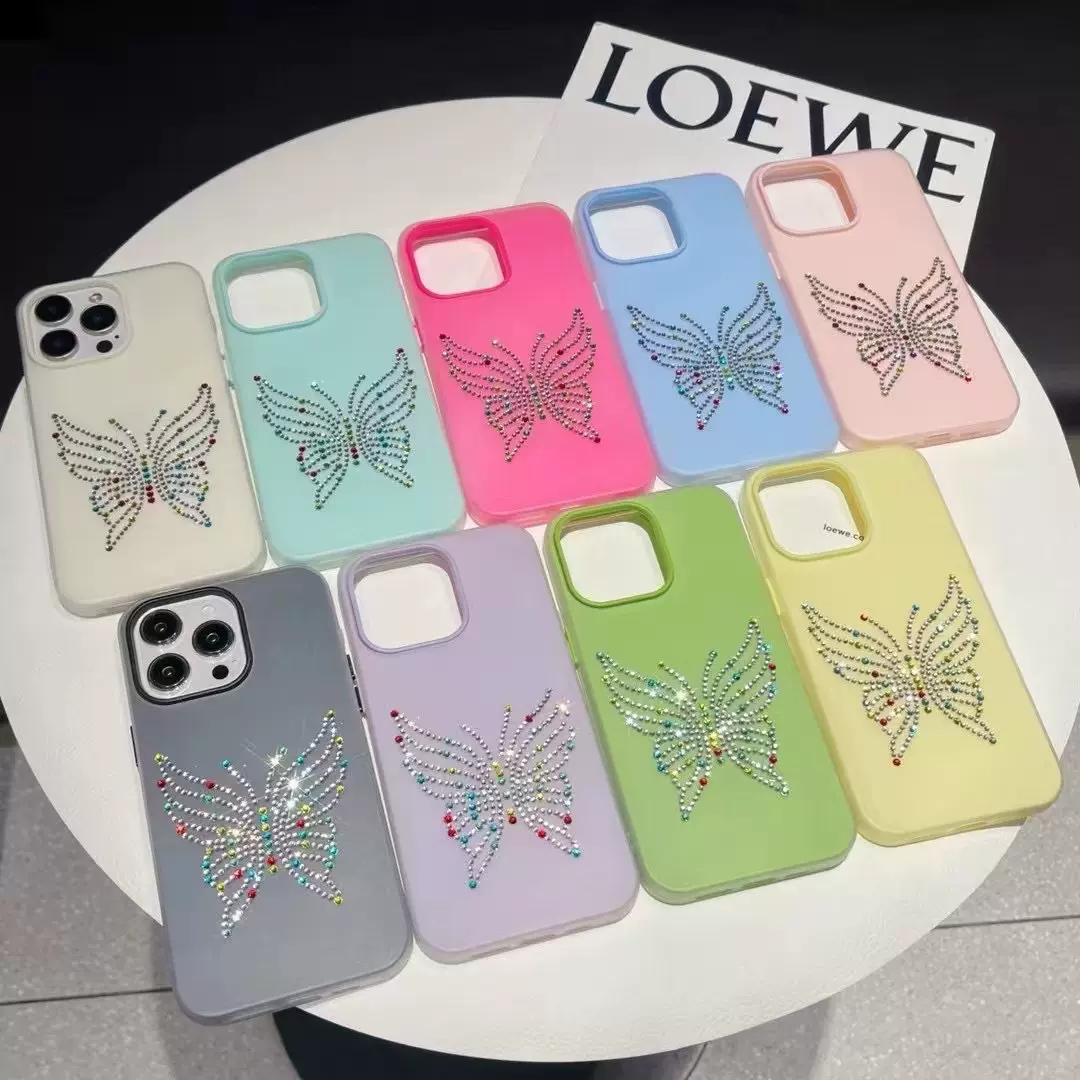 适用iPhone17promax手机壳双色蝴蝶立体水钻闪粉苹果16防摔保护套