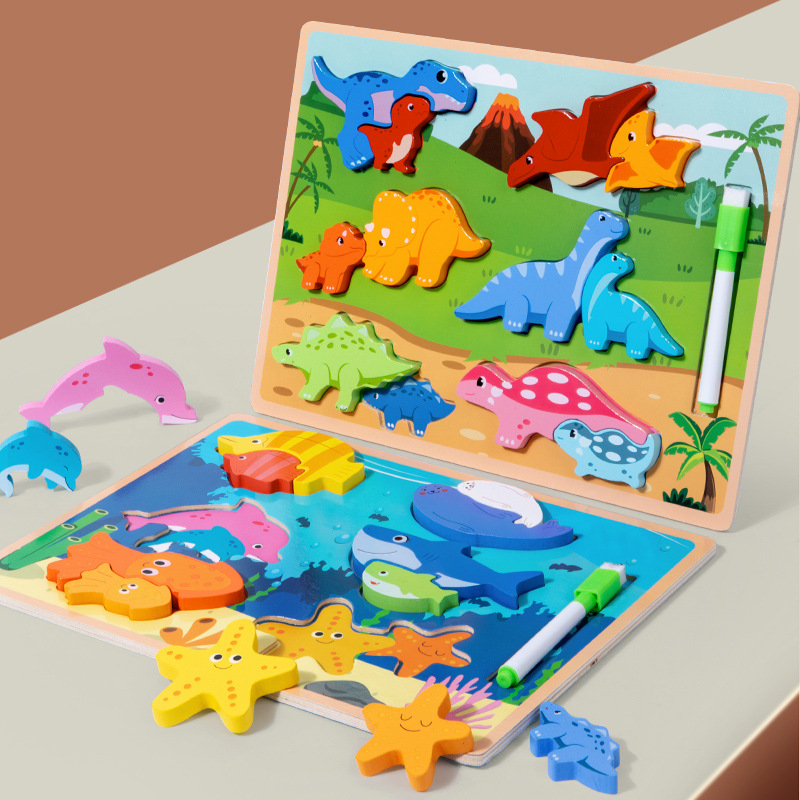 Madera infantil educación temprana 3D estereoscópica padres-hijos puzzle tablero de dibujo 2 en 1 cognición animal puzzle bloques de construcción juguetes de puzzle