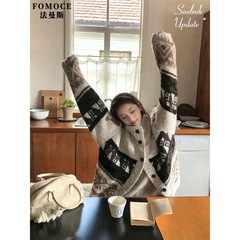 法曼斯慵懒风费尔岛针织毛衣开衫外套女秋冬新款翻领宽松外穿上衣