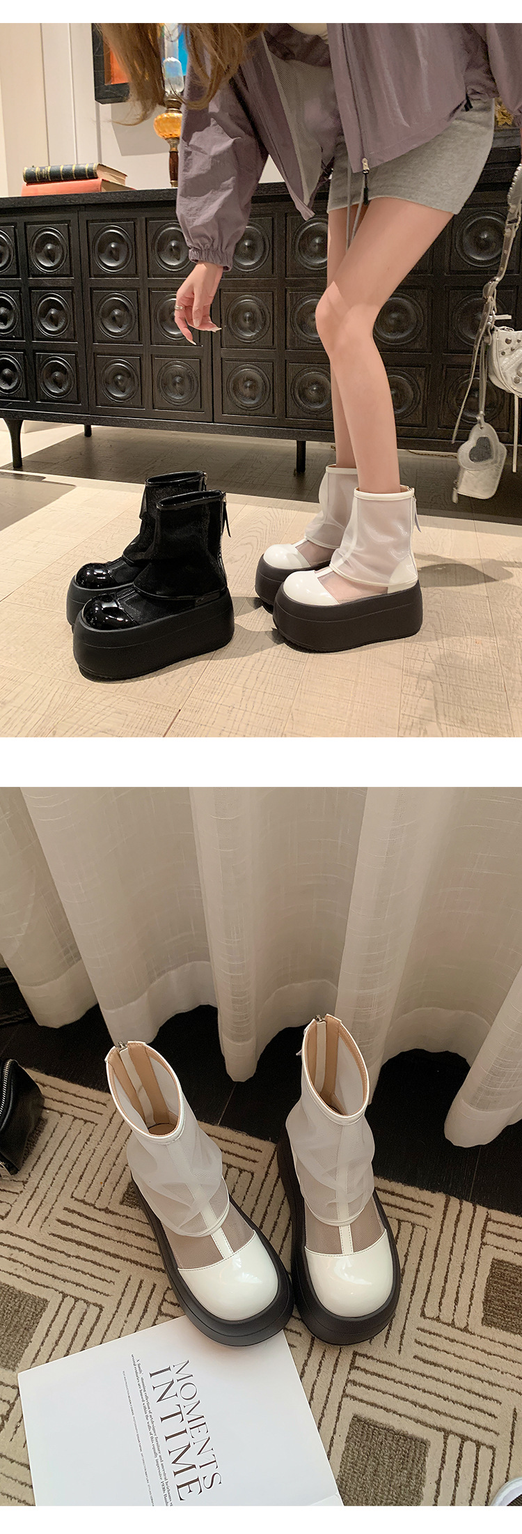 Boot lưới nữ mùa hè đế xuồng cao gót 9 cm — màu đen, màu trắng chi tiết 13