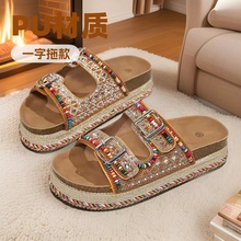 时尚高贵夏新款跨境外贸松糕厚底拼色水钻珠子双扣软木一字拖鞋大